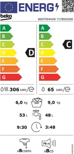 Beko B5DT59442W Was-droogcombinatie 9 Kg wassen / 6 Kg drogen — thumbnail 2