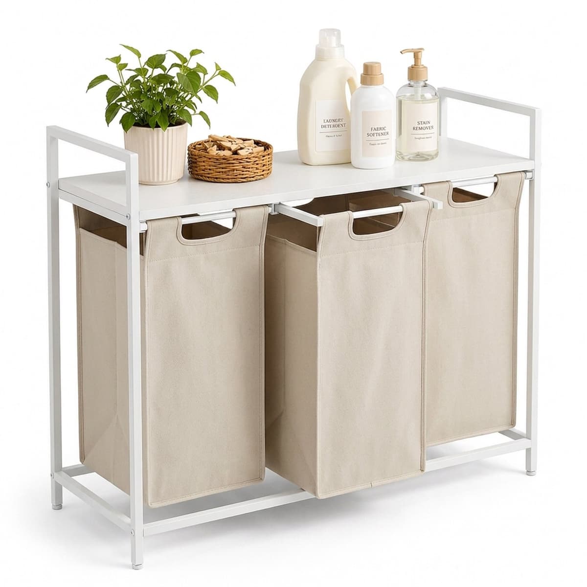 Wasmand - 3 vakken - met plank - wit-beige — afbeelding 1