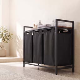 Wasmand Kledingverdeler 87,7 x 33 x 72 cm Zwart 3 vakken van 40 L Met uittrekbare en afneembare voeringzak, zijvak en roosterplank Stevig metalen frame Geschikt voor wasruimte, badkamer en slaapkamer — thumbnail 3