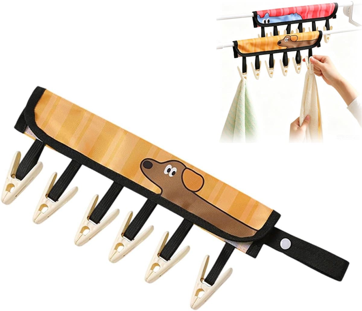 Opvouwbare stoffen hangers - compact opvouwbaar droogrek - met 6 veilige clips - schattig dierenpatroon voegt toe - voor reizen, cruise, hotel, camping — afbeelding 1