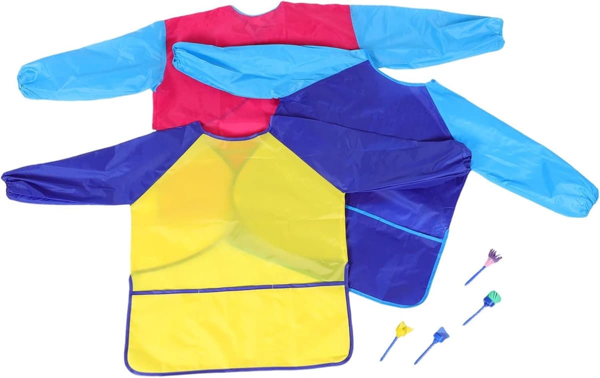 1set Kinderschort Met Zakjes Waterdichte Lange Mouw Kunstschort Voor Peuters Voor Schilderen Koken Creatieve Activiteiten — afbeelding 1