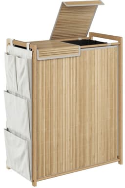 REDOM - Bamboe wasmand - 120 L inhoud - Scharnierend deksel en twee uitneembare trekkoordzakken - Vier zijvakken - Natuurlijk hout - 63 x 33 x 78 cm — thumbnail 3