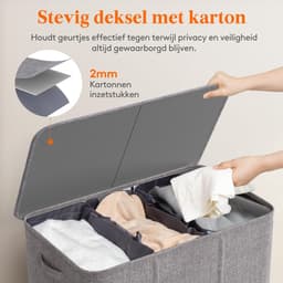 Wasmand 160L – 3 Vakken Wassorteerder – 3 Uitneembare Waszakken – Met Deksel – Opvouwbaar – Lichtgrijs — thumbnail 3