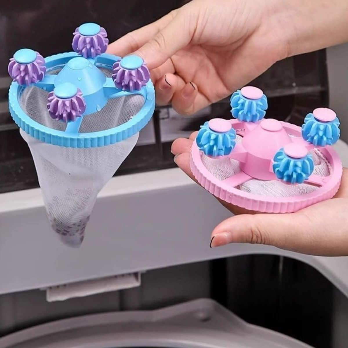 Pluisfilterzak voor wasmachine, haarverwijderaar met kunststof zuignap, universele net-pluisvanger voor wasmachines en drogers, blauw, 2 stuks — afbeelding 1