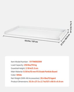 Archi Wasmachine & Droger Aanrechtblad – Wasmachine Werkblad - 137 × 68,6 cm – Wasmachine Topper – Tot 250 kg – Met Zijhaken – Wit — thumbnail 2