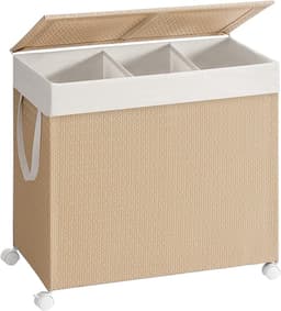 Waskorf 66,5 x 37,5 x 65 cm, Wasmand met 3 Compartimenten, 140 Liter, Vuile Wasmand met Deksel, Uitneembare Waszak met Handvat, 4 Wielen, 2 Remmen, Wasgoed Sorteren, Wasmand van Synthetisch Rotan, Metaal en Polyester-Katoen, Naturel, voor Wasruimte — thumbnail 4