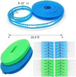 Waslijnen 2 Pack Waslijn Kleding met 24 stuks Clips Drogen Touw Draagbare Winddicht Reizen Waslijn voor Indoor Outdoor Wasserij Perfect Winddicht Kleding Line, Hanger voor Camping Thuis — thumbnail 5