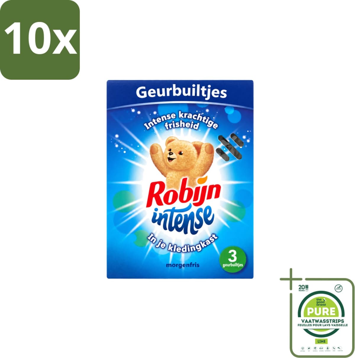 10 x Robijn - Intense - Geurbuiltjes - Langdurige Geur - Intense Frisheid - 3 Geurbuiltjes - Grootverpakking - Vaatwasstrips - Geur In Kleding - Frisheid Kleding - Geur In Tas - Geur In Koffer - Geur In Auto — afbeelding 1