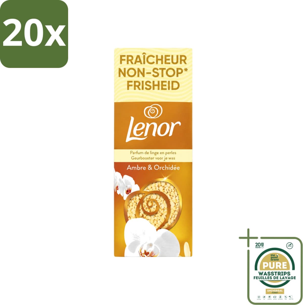 20 x Lenor – Geurbooster – Amber & Orchidee – 12 Wasbeurten – 155 g - Wasstrips - Geurparels - Wasgeur - Luxegeur - Orchidee - Vanille — afbeelding 1