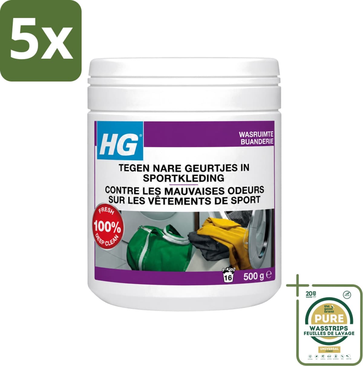 5 x HG - Wasruimte - Tegen Nare Geurtjes In Sportkleding - Wasmiddeltoevoeging - 500 g - Wasstrips - Geurverwijdering Sportkleding - Stankmoleculen Verwijderen - Wasmiddel Toevoeging - Sportkleding Geur - Handdoek Geur — afbeelding 1