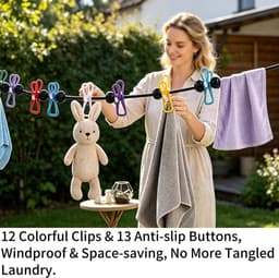 12 kleurrijke antislip haringen elastische reiswaslijn, intrekbare waslijn zonder boor voor camping, caravan, balkon, binnen, buiten, drogen, wasreizen, studentenslaapzaal — thumbnail 5