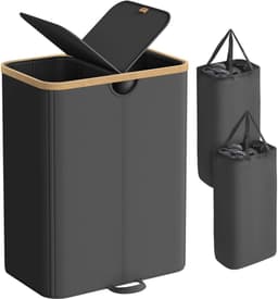 Wasmand Wasgoedverdeler 52 x 38,5 x 75 cm Zwart Grote inhoud van 150 liter Ontwerp met 2 vakken Met deksel en 2 afneembare binnenzakken Waterafstotend en gemakkelijk te reinigen Stevige en stabiele constructie Geschikt voor slaapkamer en woonkamer — thumbnail 5