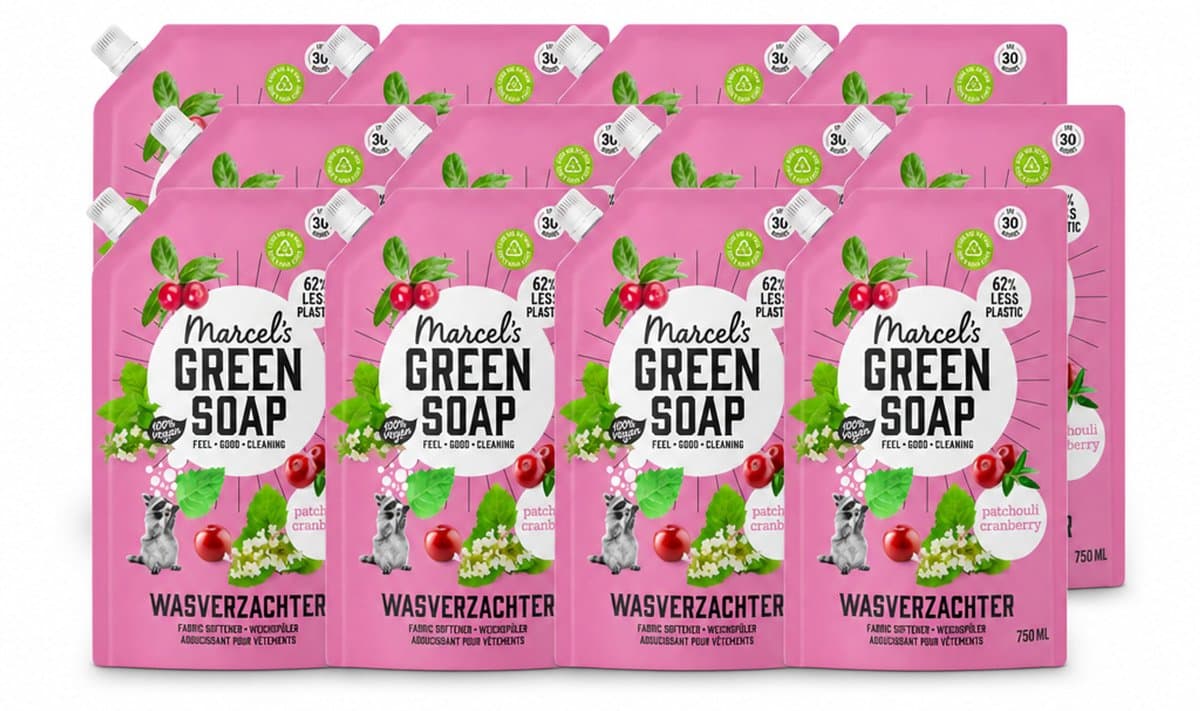 12 x Marcel’s Green Soap – Wasverzachter – Patchouli & Cranberry - Navulling – 750 ml - Voordeelverpakking - 12 stuks — afbeelding 1