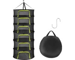 Droognet voor Kruiden – 6-laags Hangend Droognet Ø 58 cm – Opvouwbaar Droognet van Polyester Mesh – Kruidendroger en Droogrek met Rits per Laag – Droognet met Rits, Haak en Opbergtas – Voor Kruiden, Bloemen, Fruit en Groente – Zwart