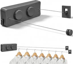 Touw, intrekbare waslijn, uittrekbaar, 2x5,2m, uittrekbare waslijnen voor balkon, 20 kg draagkracht, balkon, wandmontage, waslijn van roestvrij staal, voor binnen, hotel, buiten, zonder boren — thumbnail 1
