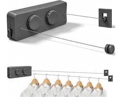 Touw, intrekbare waslijn, uittrekbaar, 2x5,2m, uittrekbare waslijnen voor balkon, 20 kg draagkracht, balkon, wandmontage, waslijn van roestvrij staal, voor binnen, hotel, buiten, zonder boren