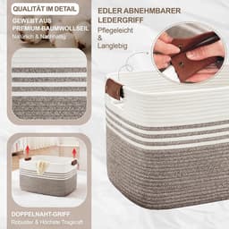 Geweven wasmand van katoenkoord, 45L, opbergmand met leren handvatten, mand voor dekens, kleding, speelgoed, wasmand voor kinderkamer of woonkamer, 45x35x27 cm, wit en donkerbruin — thumbnail 4