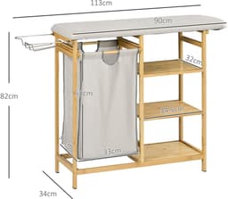REDOM - Wasmand met strijkplank en 3-laags rek - Uitschuifbare waszak en uitneembare voering - Bamboe - Naturel - 113 x 34 x 82 cm — thumbnail 3