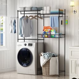 Triumpunpre - 4‑Laags Opbergrek Boven Wasmachine En Droger - Verstelbaar Wasruimte Organisator Met Kledingstang - Draadmand, Haken En Wasmand — thumbnail 5