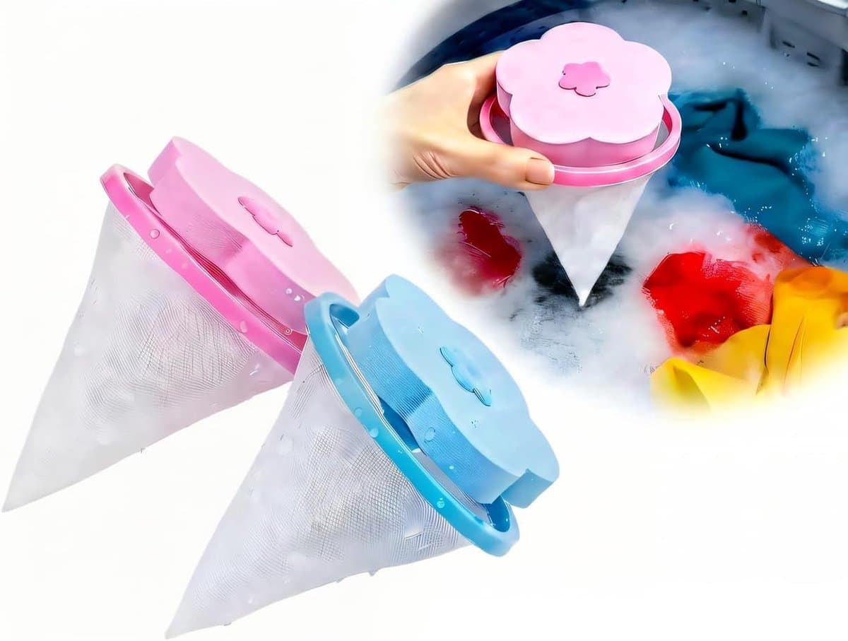 Huisdierhaarverwijderaar voor de wasmachine, drijvende pluizenfilter, verwijderaar van honden- en kattenhaar voor de was, kegelvormige pluizenfilterzakjes voor de wasmachine, haarvanger, blauw/roze, 6 stuks — afbeelding 1