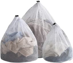 Waszak - 3 Stuks - Wasnet - Netwaszakken - Polyester - Herbruikbare - Grof Gaas - met Trekkoord - Geschikt voor Ondergoed - Kleding en Sokken - Klein + Middel + Groot - Wit — thumbnail 1