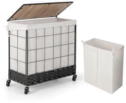 Wasmand met wieltjes en deksel - 130 l, 2 vakken, uitneembaar - Perfect voor badkamer en slaapkamer — thumbnail 1