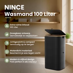 Nince Wasmand - 1 Vak - 100L - Met Deksel - Wassorteerder - Uitneembare Waszakken - Bamboe - Opvouwbaar - Zwart — thumbnail 2