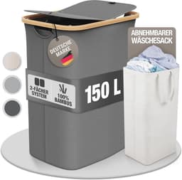 Grote Wasmand met Deksel en 2 Vakken – 150 Liter, Bamboe-Stof, XXL, Grijs — thumbnail 1