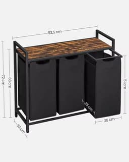 Wasmand 3 Vakken – Metalen Frame met Houten Blad – 3 Uitneembare Waszakken – Was Sorteren Toonbank – Zwart – 92,5 cm — thumbnail 4