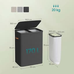 Waskorf, vuilewasmand, wasverzamelaar met deksel, handvat en 2 afneembare zakken. Inhoud tot 170 liter. Modern en minimalistisch stijlvol ontwerp. 56 x 40 x 75 cm, zwart. — thumbnail 2
