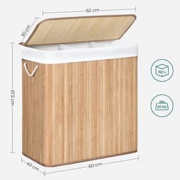 Waskorf Vuile wasmand Met 3 compartimenten Klemdeksel en handgreep 150 liter extra grote capaciteit Opvouwbaar ontwerp ruimtebesparend Geschikt voor wasruimte Slaapkamer en badkamer 60 x 40 x 60,5 cm naturel — thumbnail 2