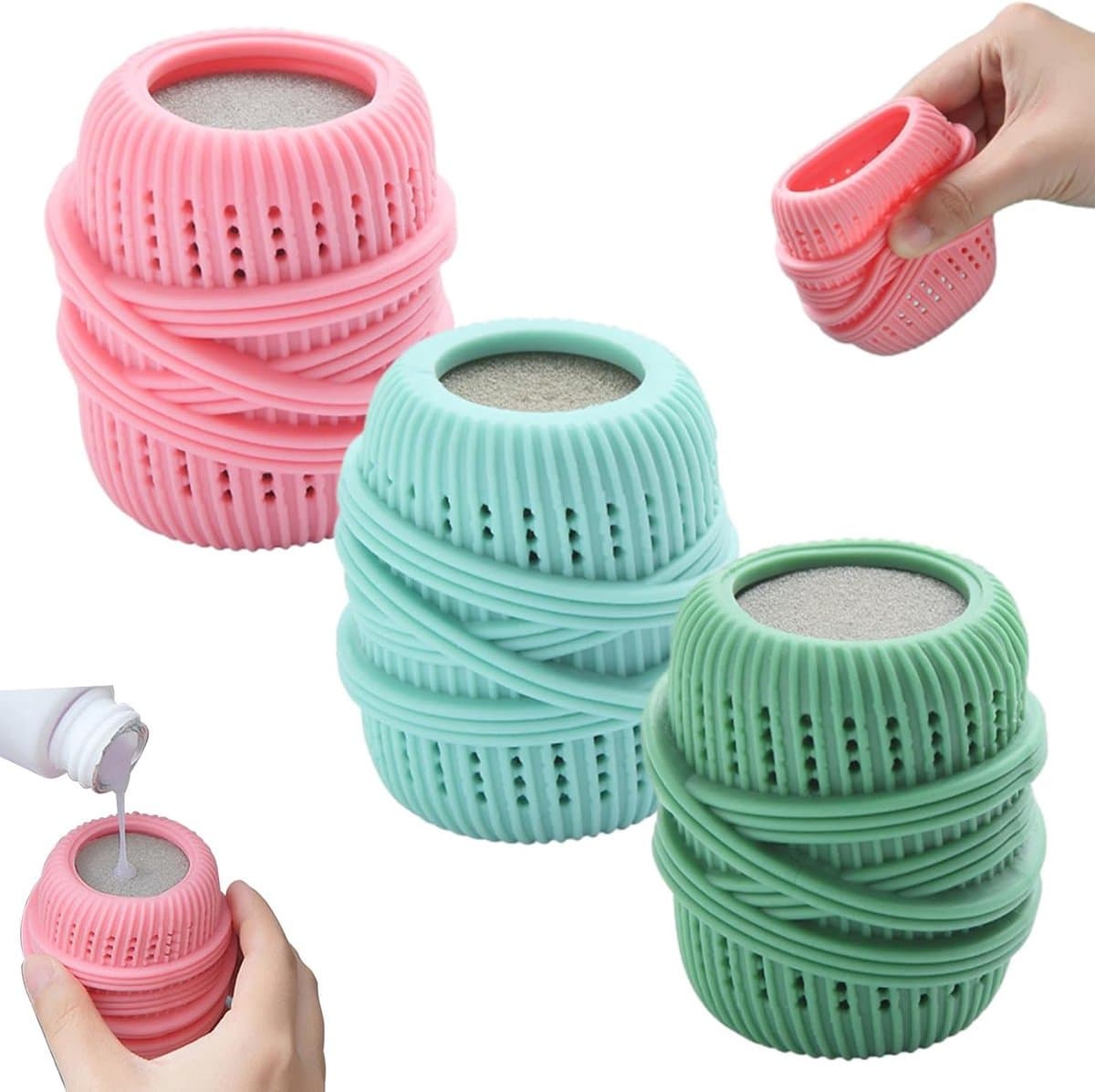 3 stuks siliconen wasballen - anti-klit en gemakkelijk schoon te maken - kledingverzorgings- en reinigingsballen - wasmachine-schrobballen - 7 * 4,5 cm - geschikt voor wasmachine-onderhoud thuis - lichtblauw + groen + roze — afbeelding 1