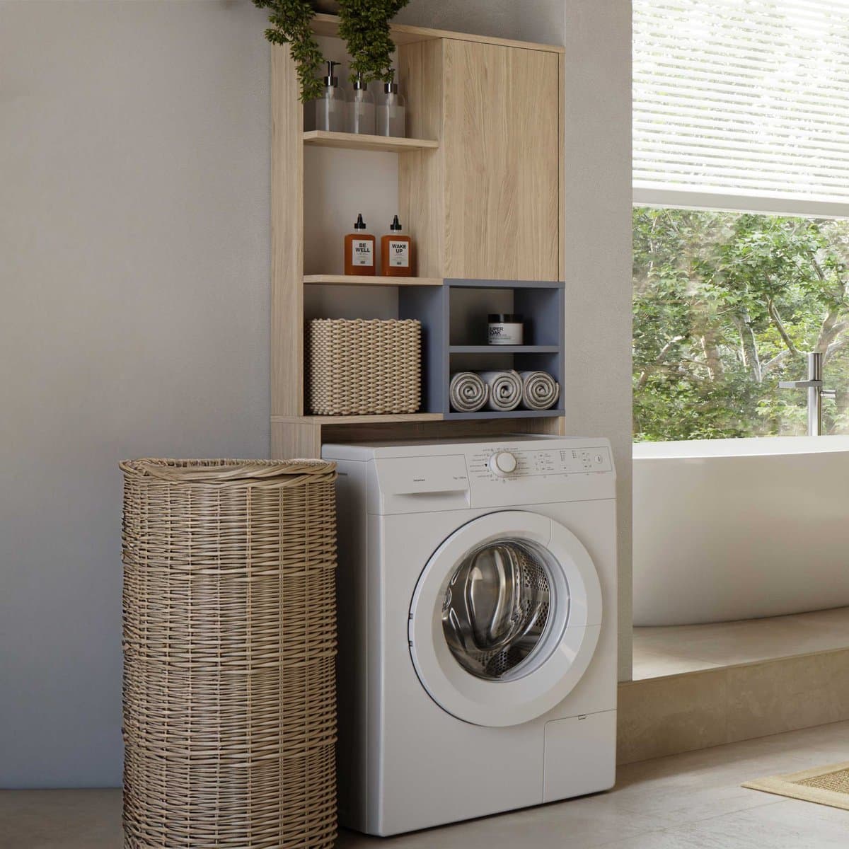 Wasmachinekast Kuba 4 Legplanken, 1 Draaideur-lichte Eik/celadon Grijs - Symbiosis - Wasmachine Ombouw - Bruin - Melamine; Spaanplaat — afbeelding 1