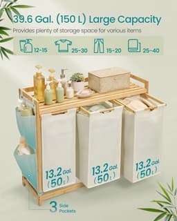 NaevaMi Wasmand 3 Vakken – Wassorteerder - Wasmanden - Wasbox - Wassorteerder 3 vakken - Wasmand Hout - Wasmand Bamboe - 150 liter - 3 Compartimenten - Uitschuifbaar met Plank - 94 x 33 x 78 cm - Grijs — thumbnail 2