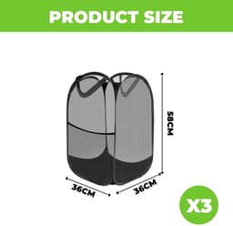 3x Opvouwbare wasmand 36x36x58 cm – Pop-up wasmand zwart – Draagbare wasgoed mand van netstof voor badkamer en camping — thumbnail 4