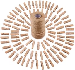 Knijpertjes - 100 stuks - Fotoknijpers - Wasknijper - Houten - Met 1 rol henneptouw (100m) - Decoratie Clips - Kaartknijpers - Mini knijpers - Knijper om foto's aan op te hangen - Fotohouder - 3.5×1cm — thumbnail 1