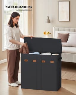 ELYSIVM Wasmand - Wasmand met 4 vakken - Wasmand met deksel - incl. 5 labels - Uitneembare wasbare binnenzak - 210 L - tot 20 kg - 84x33x75cm - Zwart — thumbnail 2