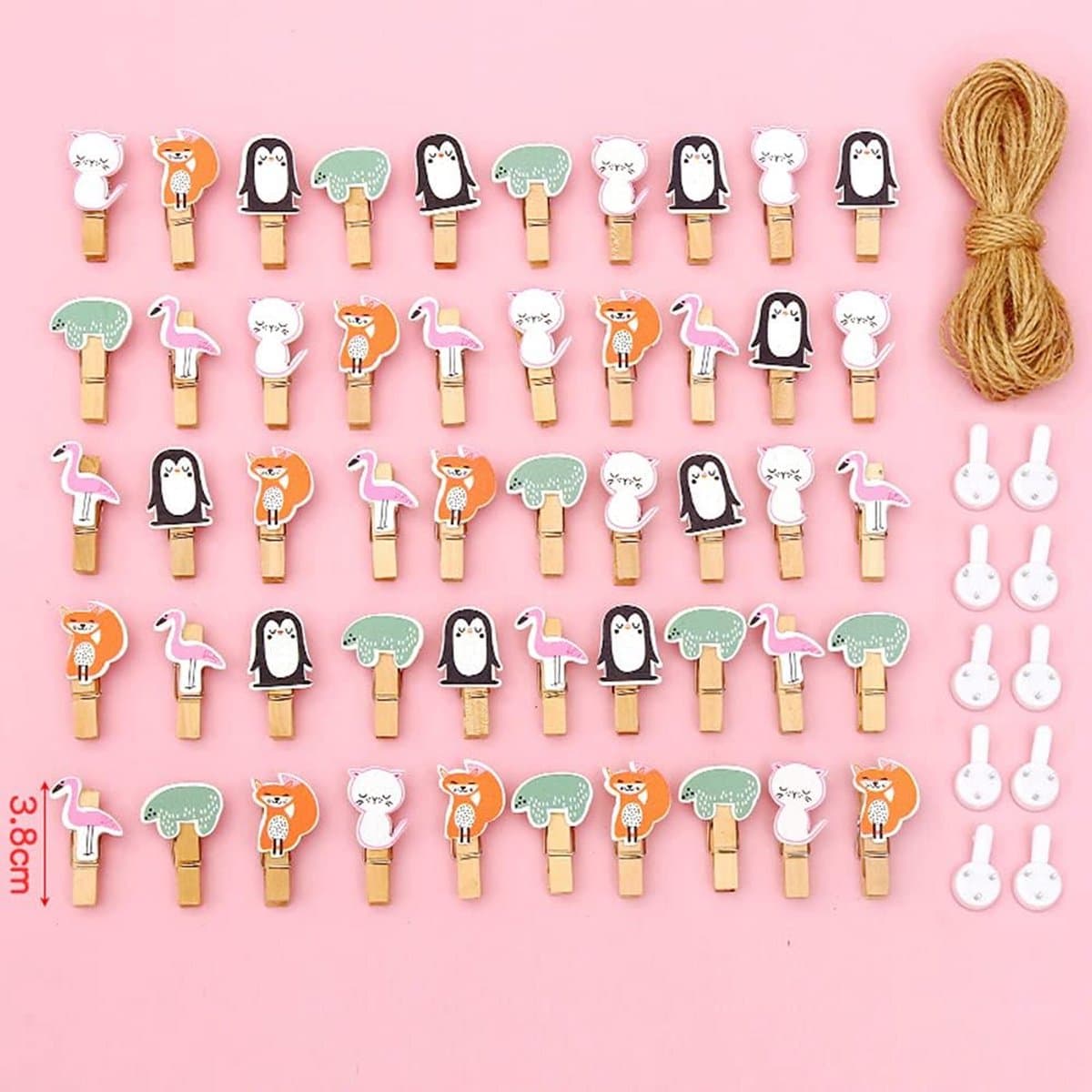 50 Mini Houten Knijpers met 10m Jute Touw - Decoratieve Clips voor Foto's en Knutselen — afbeelding 1