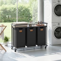 VASAGLE - Wasmand - Wasmand met 3 Vakken - Wassorteerder op Wielen - 150 L Met Opbergrek — thumbnail 4