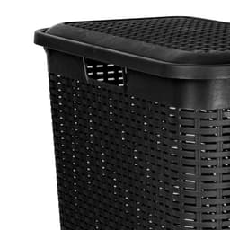 Plasticforte Smalle Wasmand met deksel Rotan - zwart - gevlochten kunststof - 48 liter - 27 x 46 x 60 cm — thumbnail 2