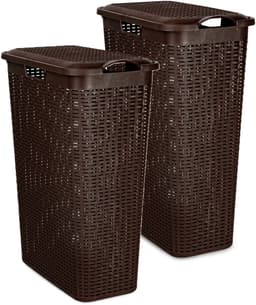 Plasticforte Smalle Wasmand met deksel Rotan - 2x - donkerbruin - gevlochten kunststof - 48 liter - 27 x 46 x 60 cm — thumbnail 1