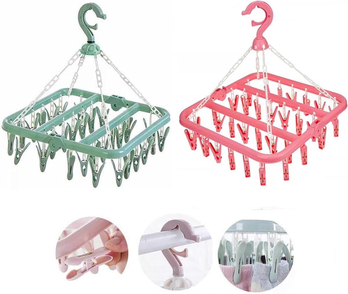 Sock Drying Rack 2PCS Clips Plastic 32 Peg Foldable Indoor Dryer Wind-proof Clothes Hanger Hanging for Socks Underwear Shoe Insoles Baby Clothes Gloves (PinkGreen) — afbeelding 1