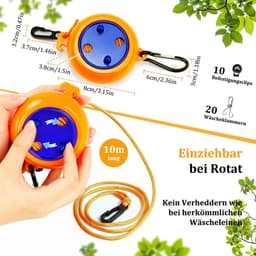 Wasrek-droogrek-waslijn-wanddroogrek-waslijn uittrekbaar-10 meter-Met 10 bevestigingsgespen en 20 wasknijpers-Geschikt voor reizen, kamperen, binnen en buiten, balkon, tuin en hotel-oranje — thumbnail 5