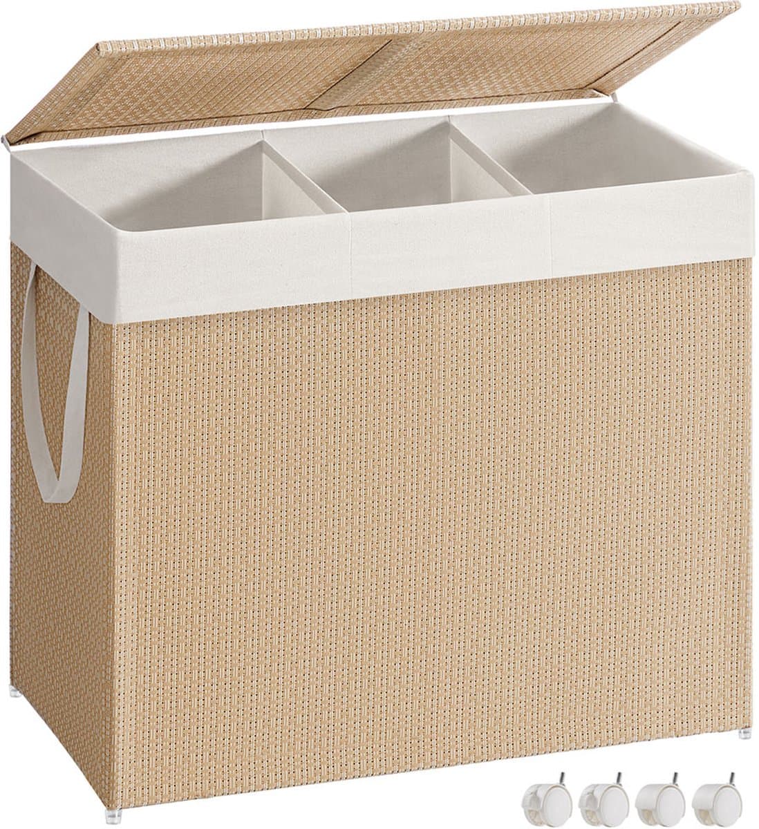 Wasmand - 140 L - 3 Compartimenten - Met Wielen - Naturel Beige - Mat Wit — afbeelding 1
