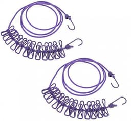 2 stuks - Elastische waslijn - Met 12 wasknijpers - Kampeerwaslijn - Kampeeraccessoires - Reiswaslijn voor buiten en binnen - Droogrek voor buitenkleding - Paars — thumbnail 5