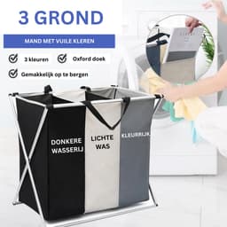 Wasmand 3 Vakken - Wassorteerder - Wasmand - Wasmand Voor Vuile Kleren - Inklapbare Mand — thumbnail 4