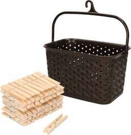 Wasknijpers mandje met ophanghaak - bruin - gevuld met 100x houten wasknijpers van 7 cm - was ophangen — thumbnail 1
