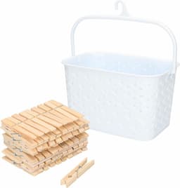 Wasknijpers mandje met ophanghaak - wit - gevuld met 100x houten wasknijpers van 7 cm - was ophangen — thumbnail 1