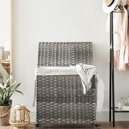 MIRA Home - wasmand met wieltjes - wasopberger - grijs - metaal/katoen - 66x33x60 — thumbnail 4