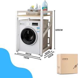 Livista Wasmachinerek - Wasmachine kast - Badkamerrek – Ruimtebesparende Wasmachine Organizer – Stalen Frame – 3 Hoogtestanden – Water-, Kras- en Hittebestendig Werkblad – Antislip Voetjes – 200 kg Draagvermogen - Wit/Hout — thumbnail 2
